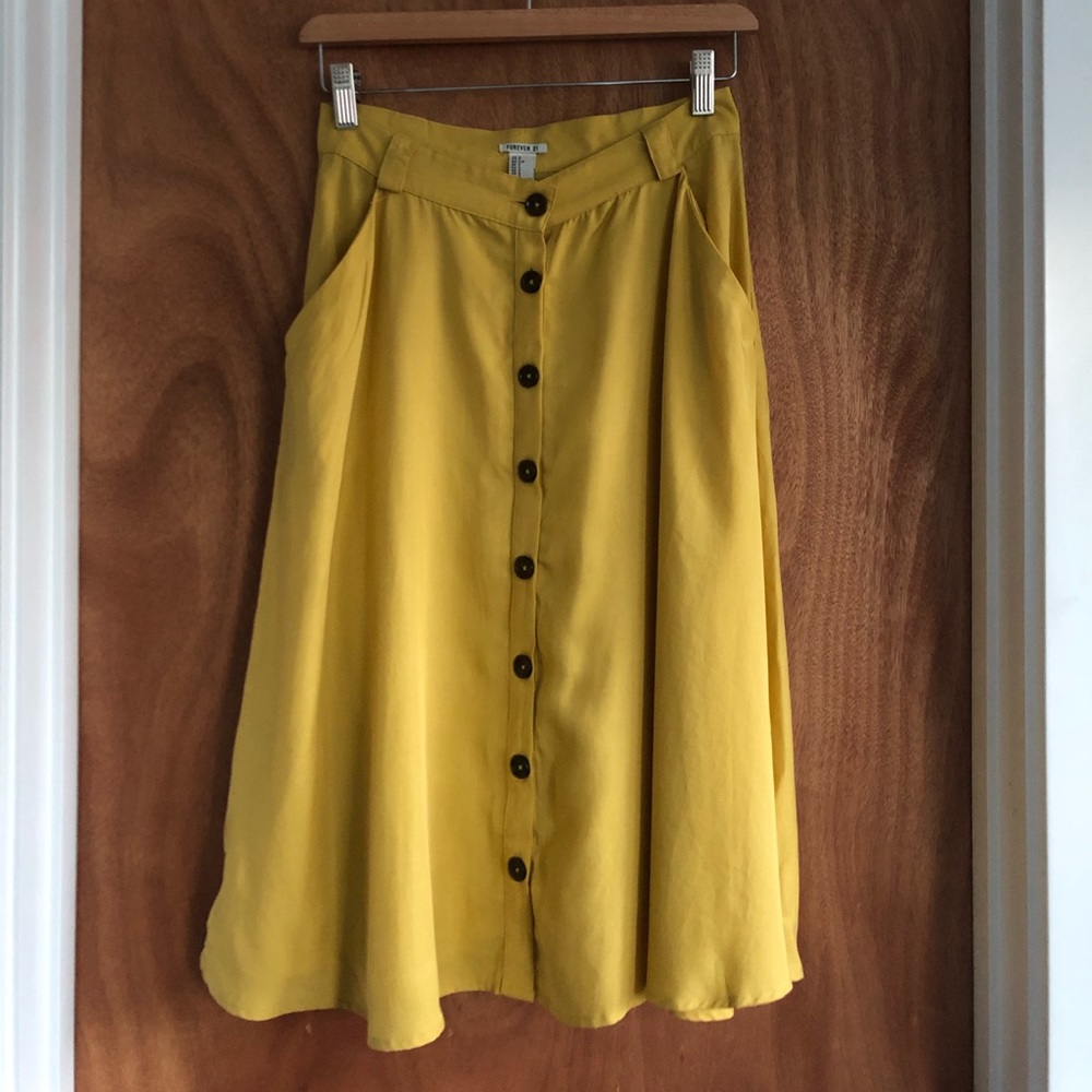 Yellow button down midi skirt with pockets